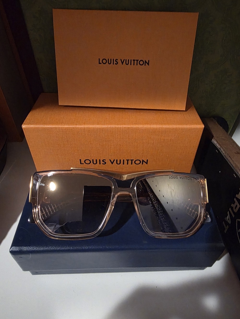 Louis Vuitton Men's Transparent Brown Square Sunglasses